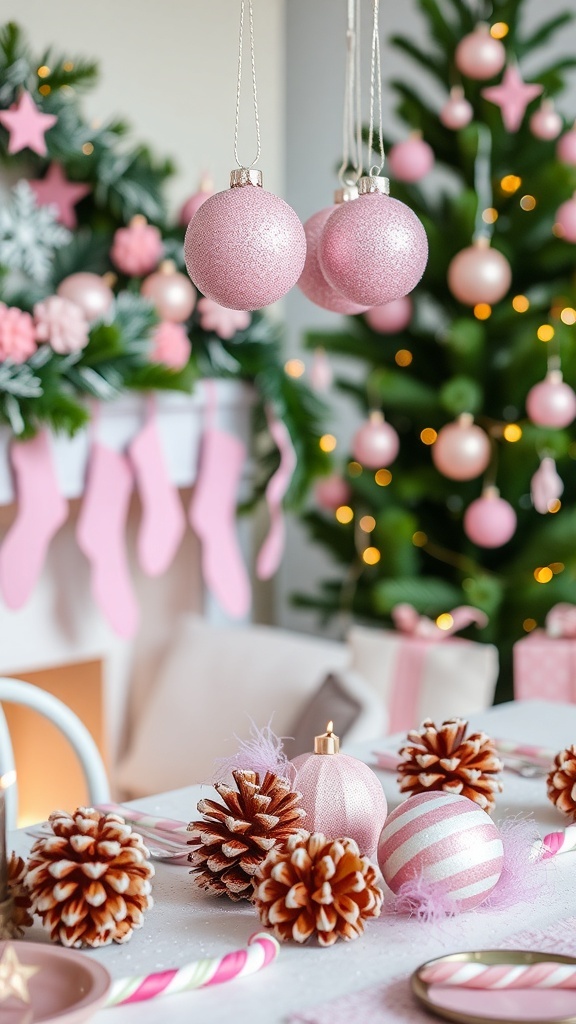 Aesthetic pink DIY Christmas decorations including ornaments, garland, and painted pinecones.